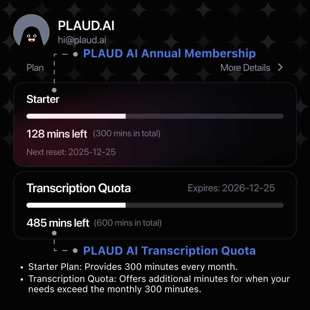PLAUD AI Suscripción Pro Anual & Cuota de Transcripción