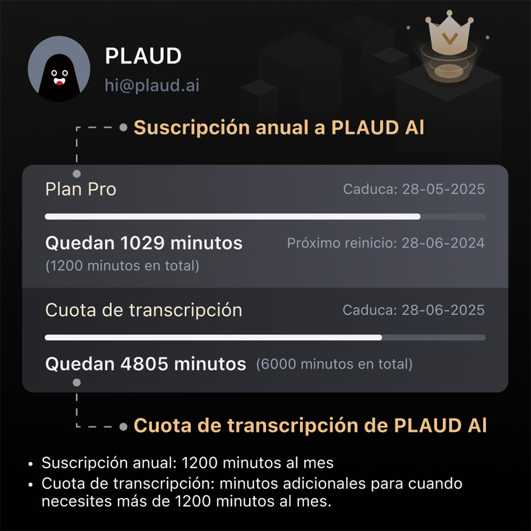 PLAUD AI Suscripción Pro Anual & Cuota de Transcripción
